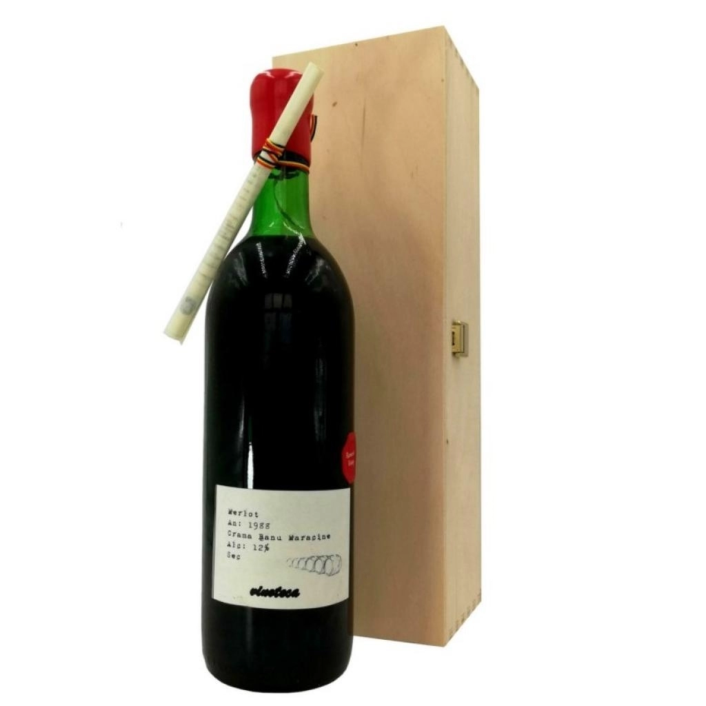 Vin rosu Merlot Banu Maracine 1988 cutie lemn